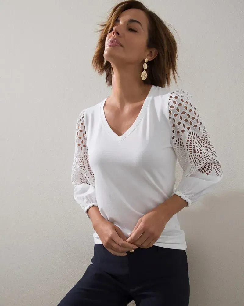 Touch of Cool Eyelet Sleeve Tee Alabaster
