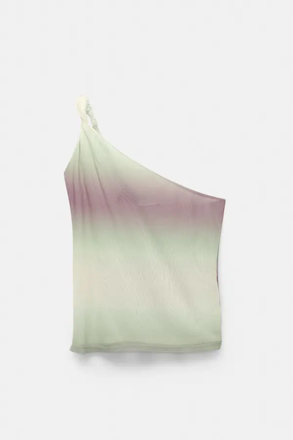 Asymmetric tulle top with a knotted strap