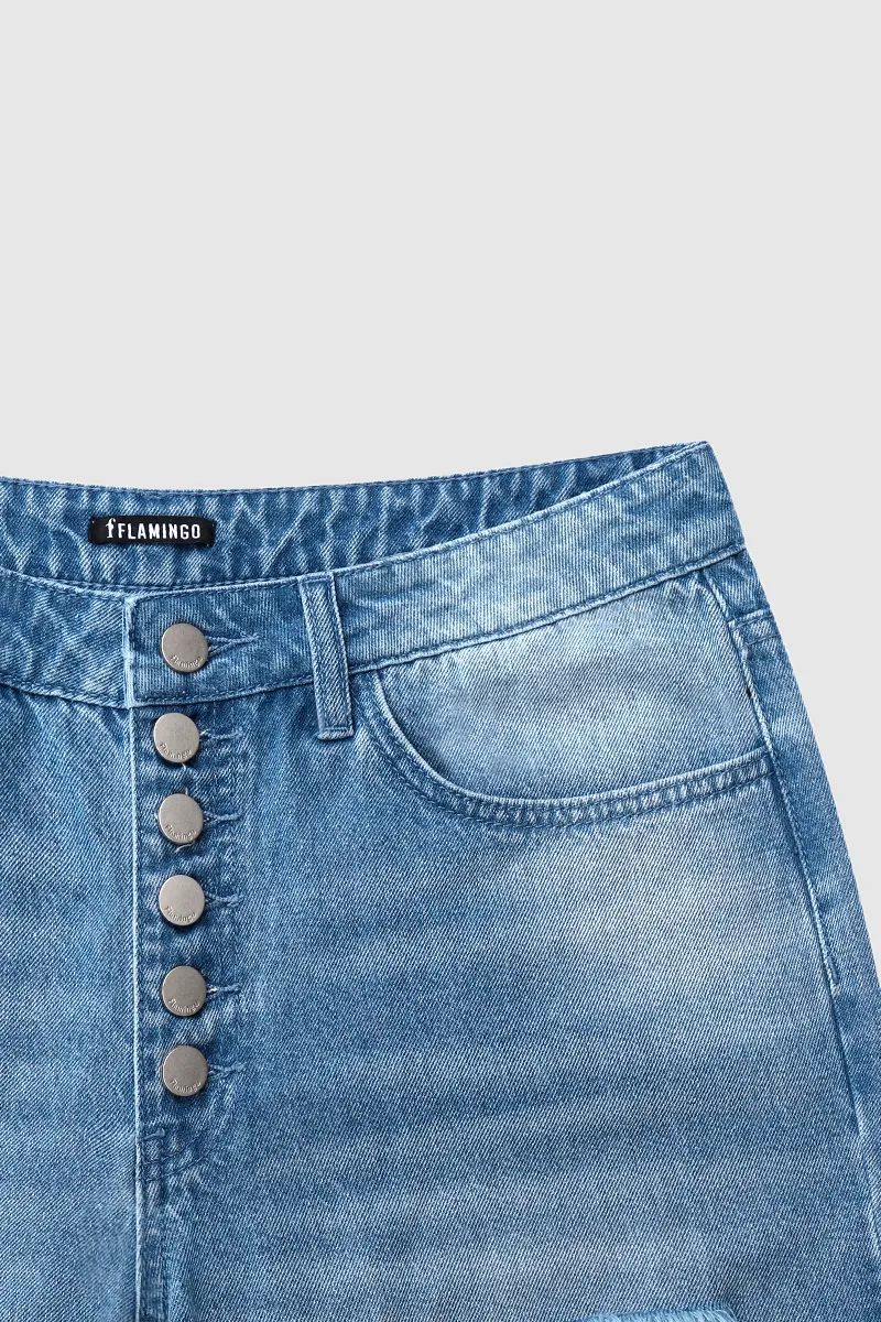 Wash Ripped Button Fly Low Waist Straight Leg Jeans