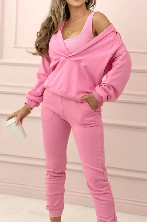 Women'S Solid Color Tube Top And Zipper Jacket And Pants Three-Piece Set