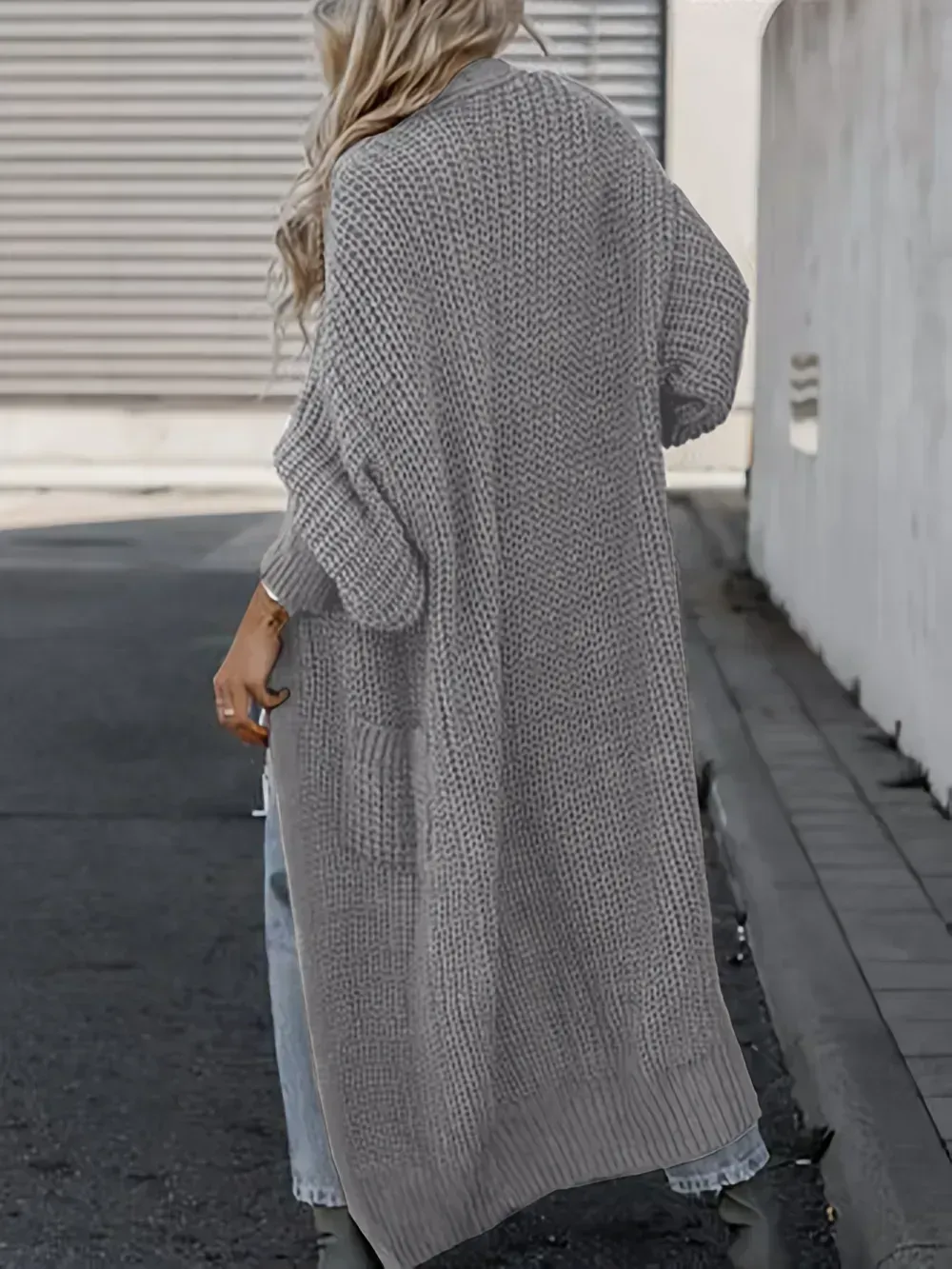 Solid Open Front Pocket Cardigan, Casual Long Sleeve Long Length Sweater For Fall & Winter, Women's Clothing