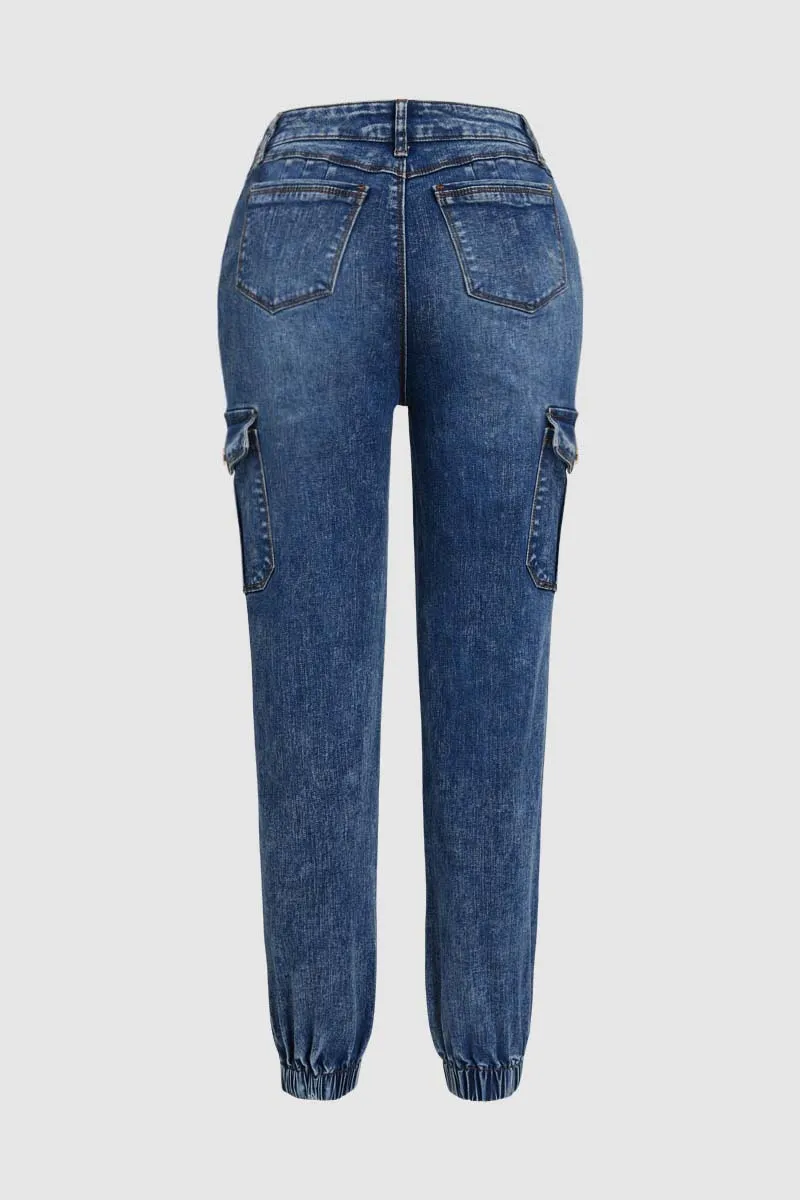Wash Ripped Flap Pocket High Rise Cargo Jeans