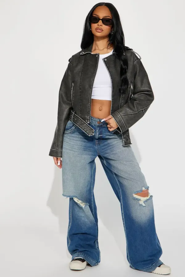 My Time Washed Faux Leather Moto Jacket - Charcoal