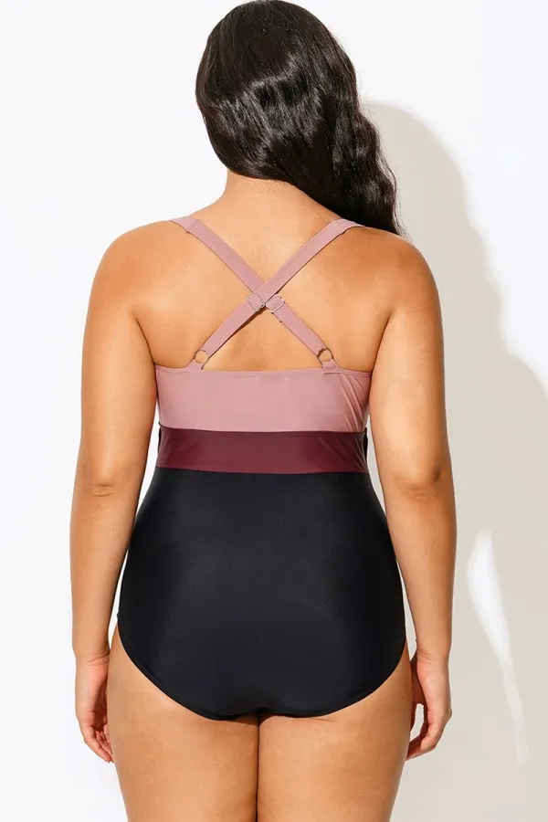 Pink Contrast Twist Front Skinny One Piece Swimsuit