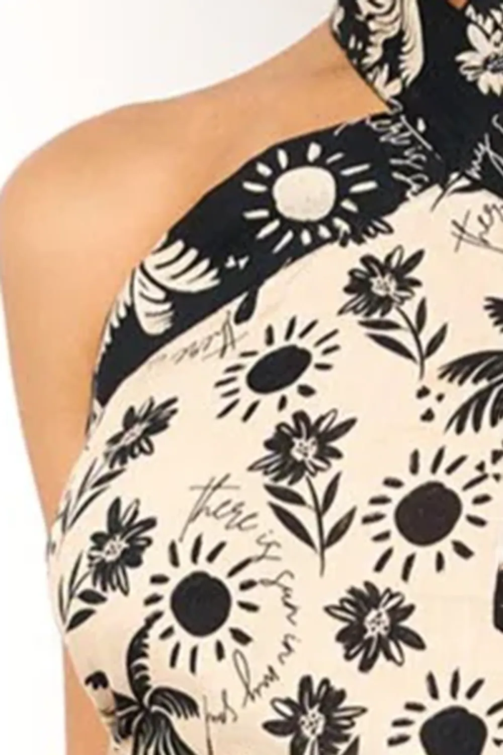 Beige And Black Tropical Print Halter Crop Top