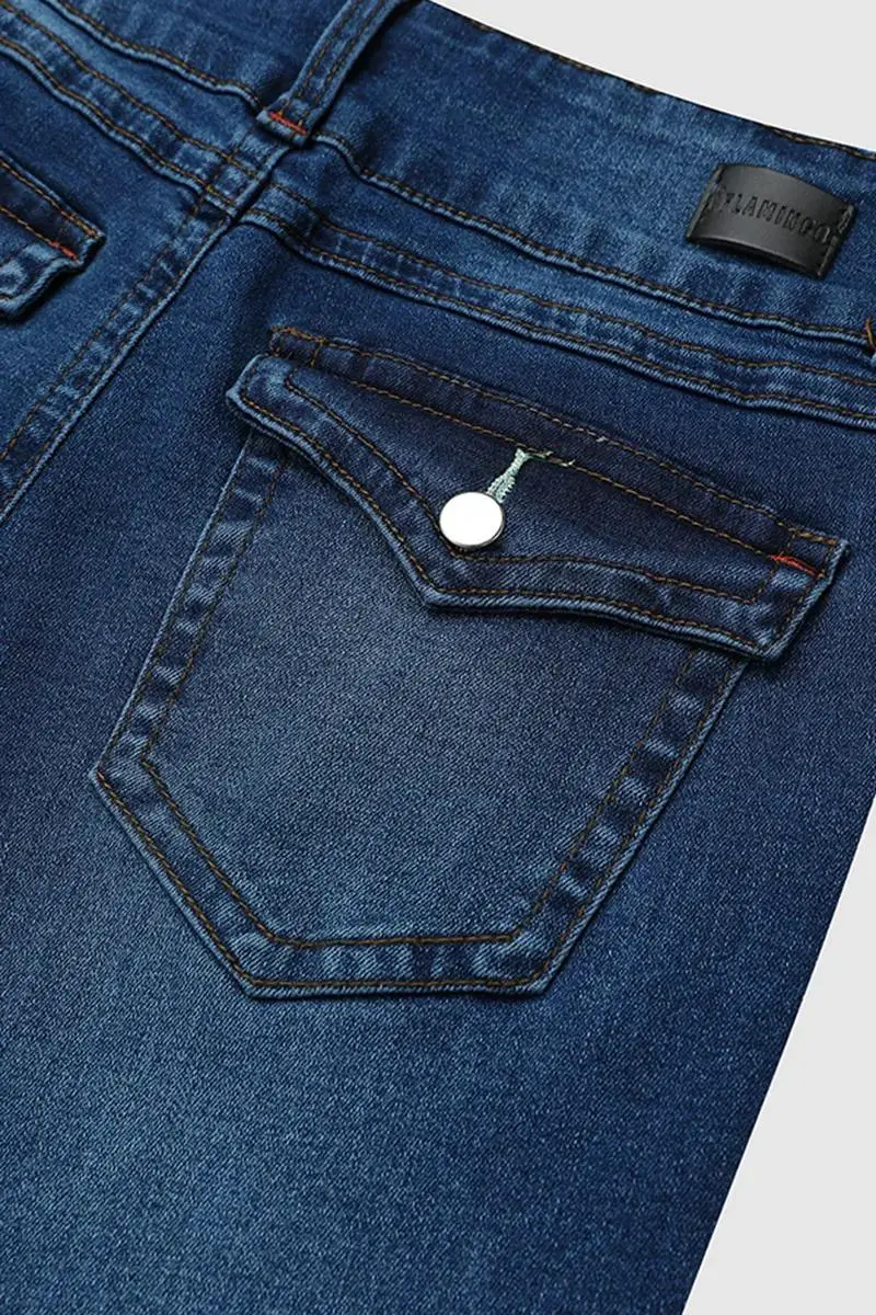 Button Up Flap Pocket Roll Hem Low Rise Denim Bermuda Shorts