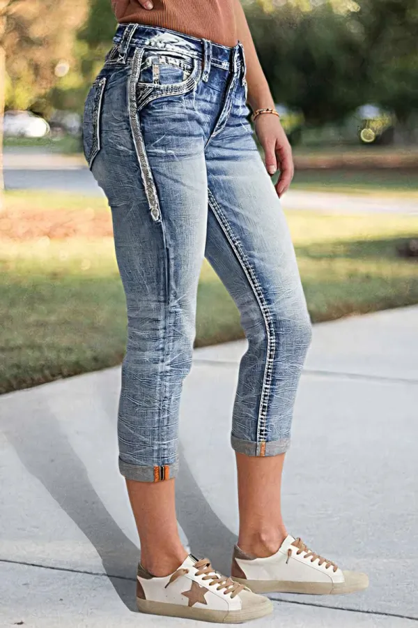 Roll Hem Wash High Stretch Mid Rise Capri Jeans