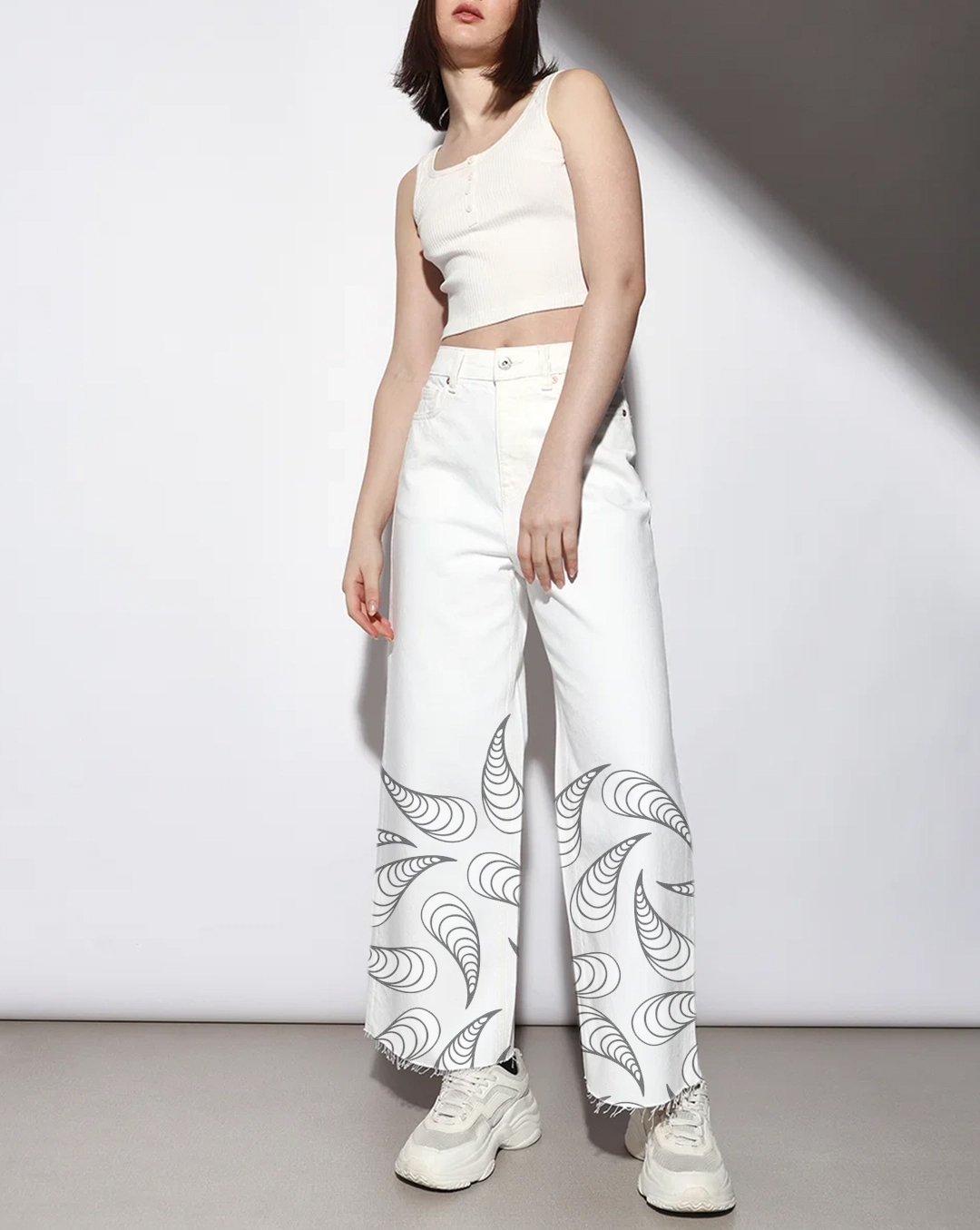 White Raw Edge Wide Leg Jeans with White Abstract Print