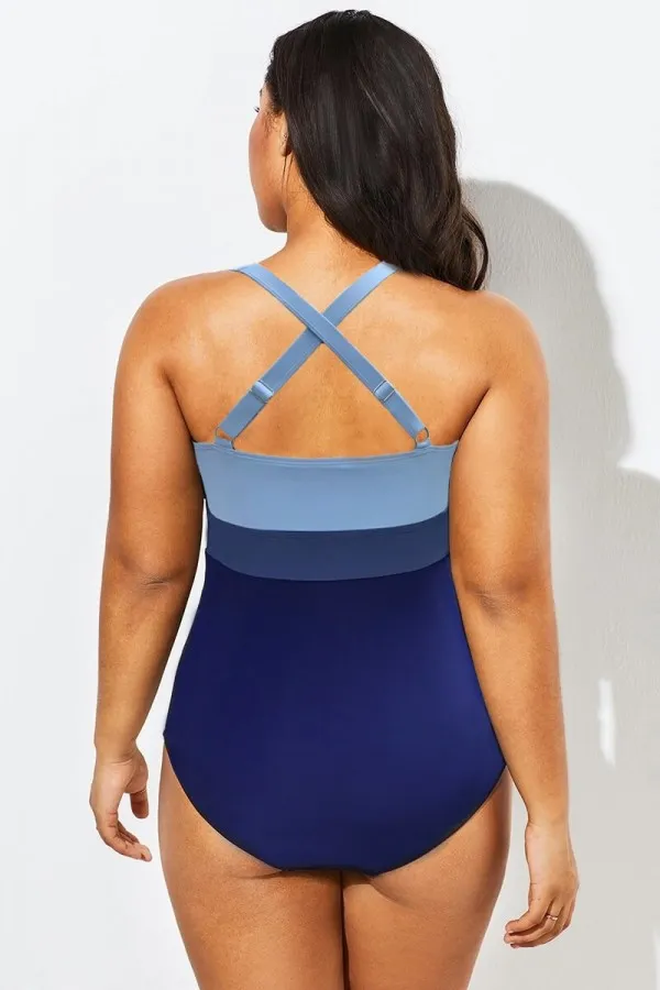 Plus Size Contrast Twist Front Skinny One Piece Swimsuit