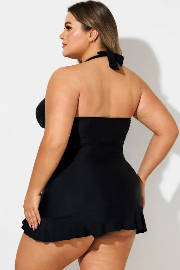 Black Halter Neck Ruched Tummy Control Swimdress