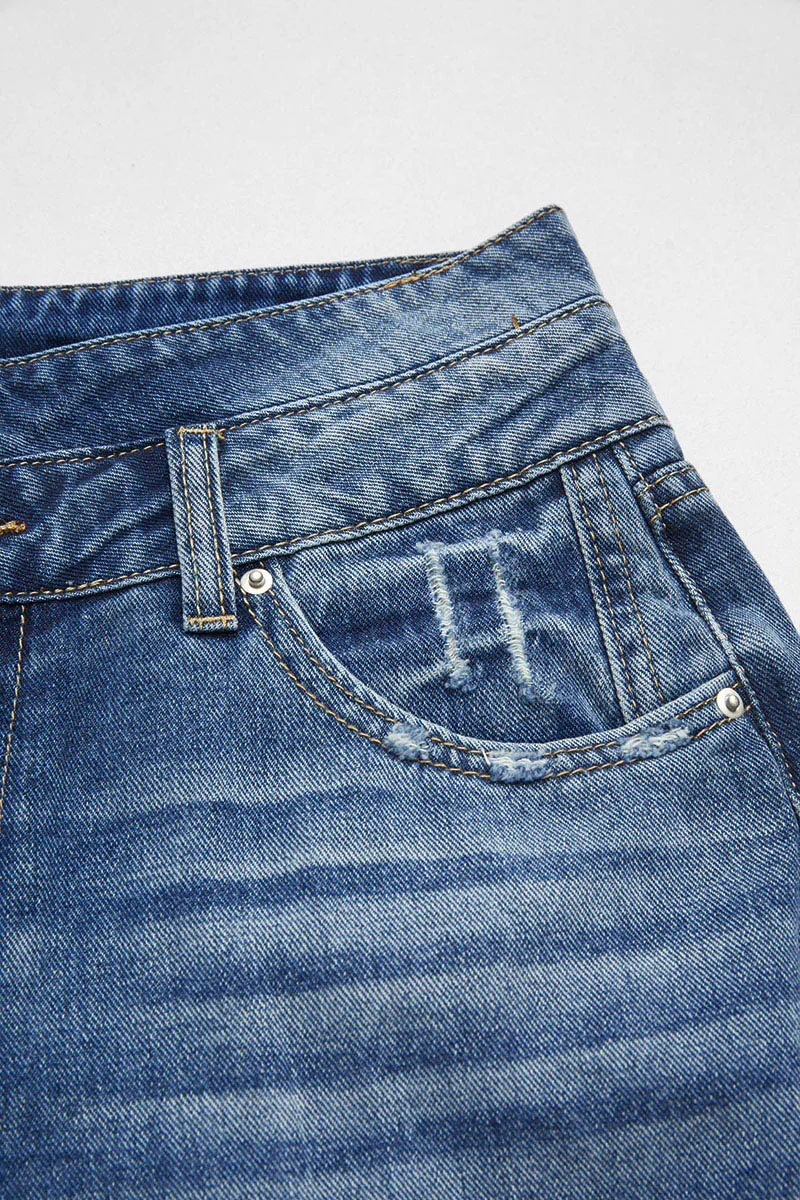 Raw Hem Ripped High Rise Bermuda Denim Shorts