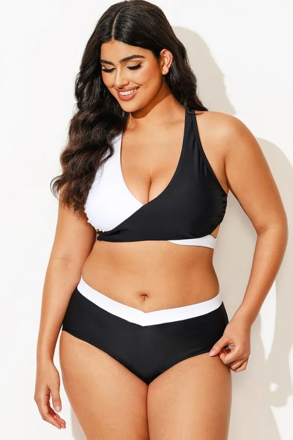 Plus Size Black And White Adjustable Tie-Back Bikini Top