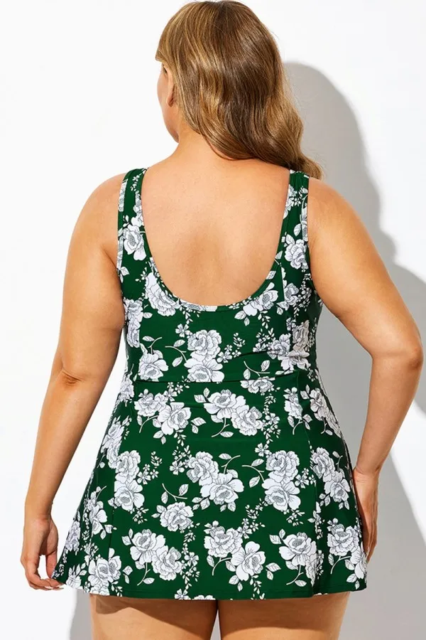 Green Floral Print Square Neck Tank Swimdress