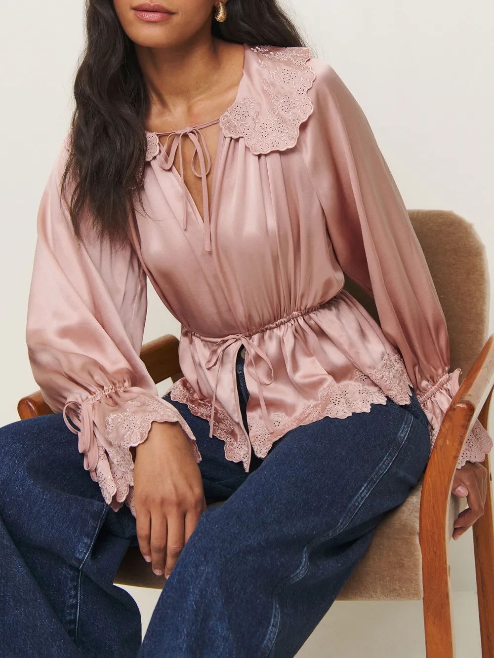 Ruffled V Neck Drawstring Blouse