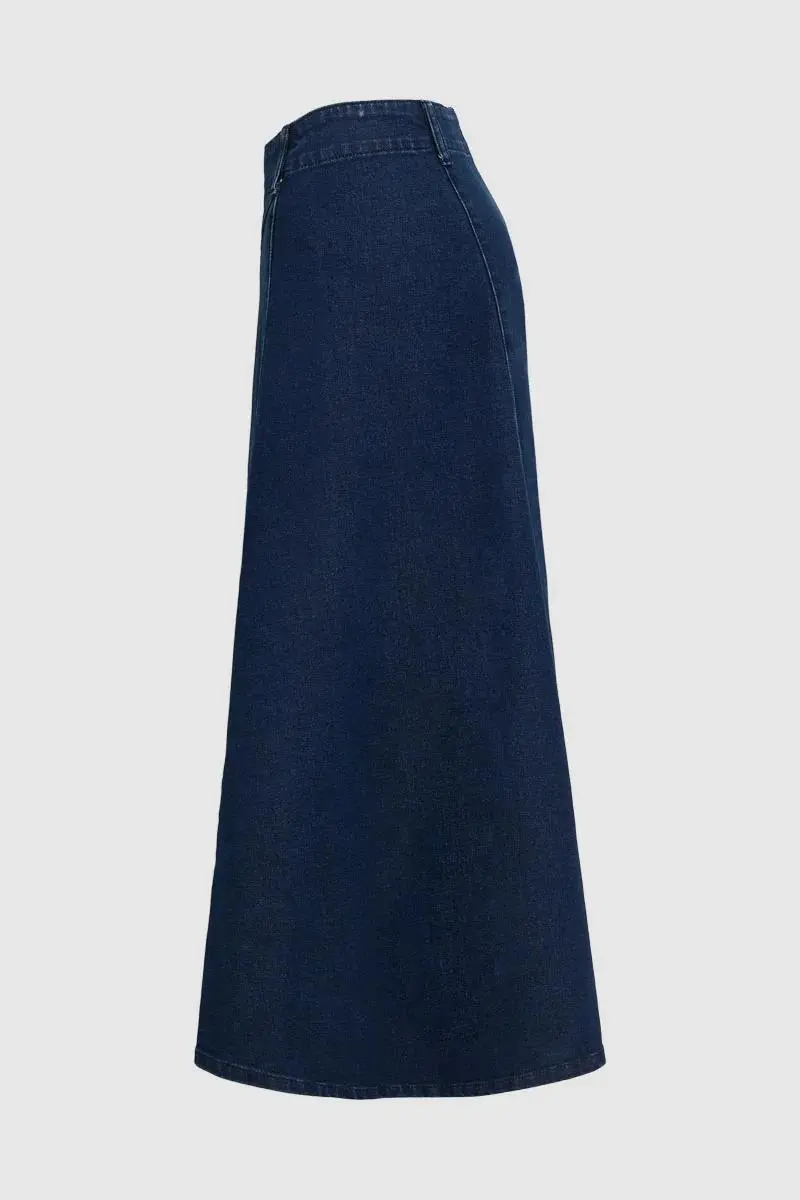 Wash Stitch Detail High Rise Long Denim Skirt Without Belt
