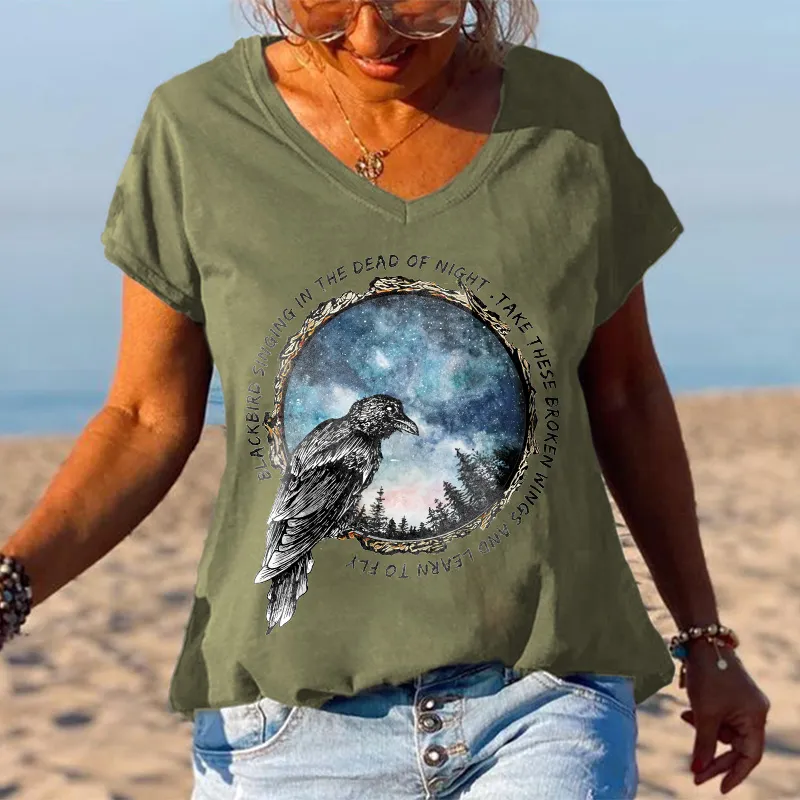 Blackbird Singing In The Dead Of Night Printed Women's T-shirt