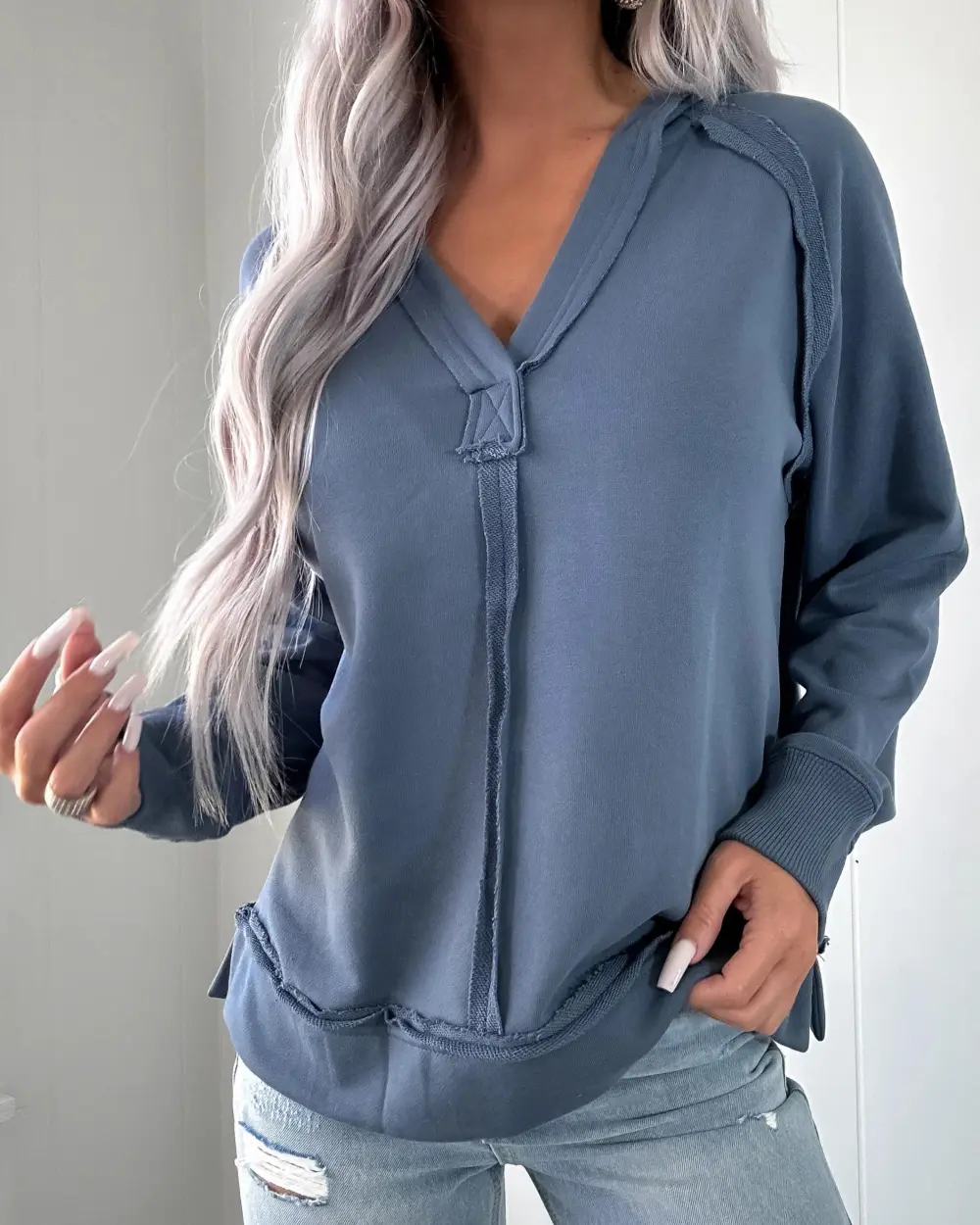 Long Sleeve Knit Top - Dusty Blue