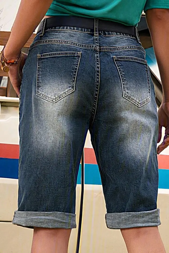 Ripped Rolled Hem Denim Bermuda Shorts Without Belt