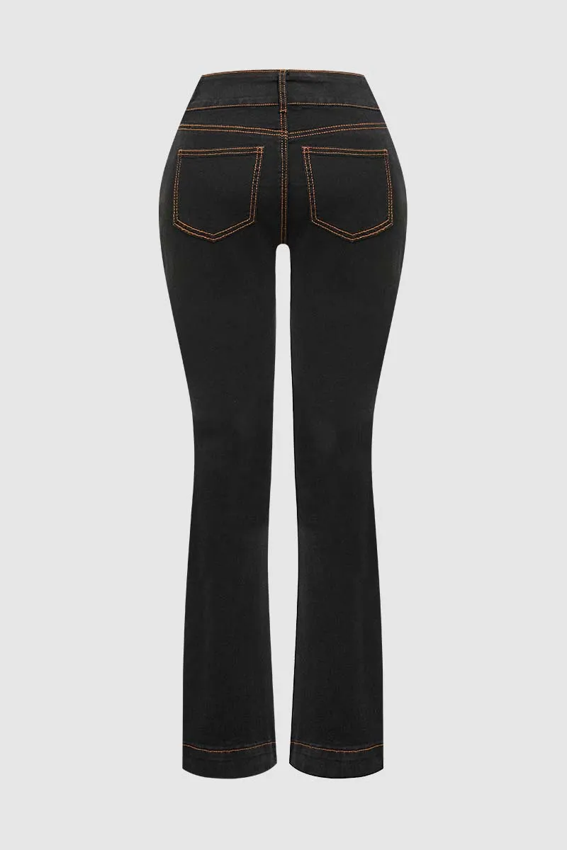 Double Button Stitch Detail High Waist Bootcut Jeans