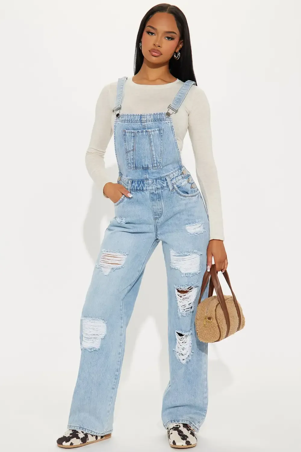 Cyra Distressed Denim Overalls - Medium Wash