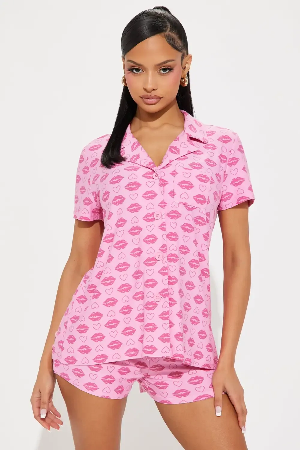 Kiss Kiss Short Sleeve PJ Short Set - Pink