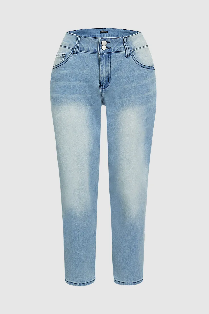 Double Button Roll Hem Low Waist Jeans