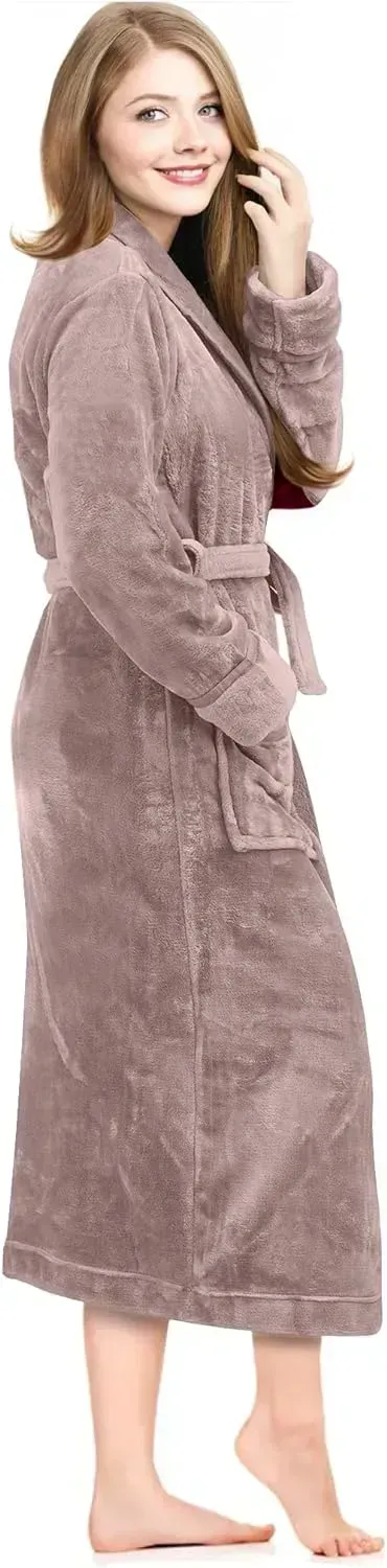 Women Fleece Shawl Collar Bathrobe - Plush Long Robe