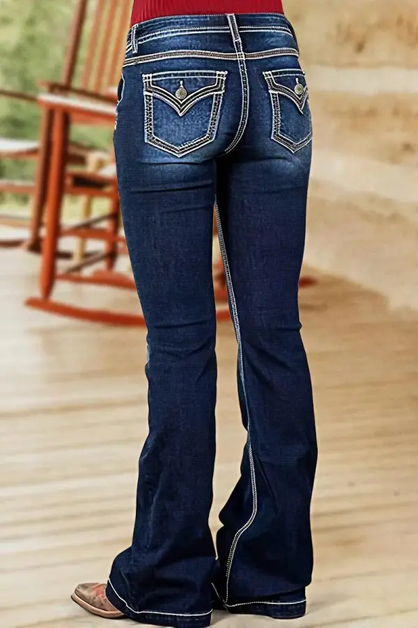 Wash Stitch Detail Double Breasted Mid Rise Bootcut Jeans