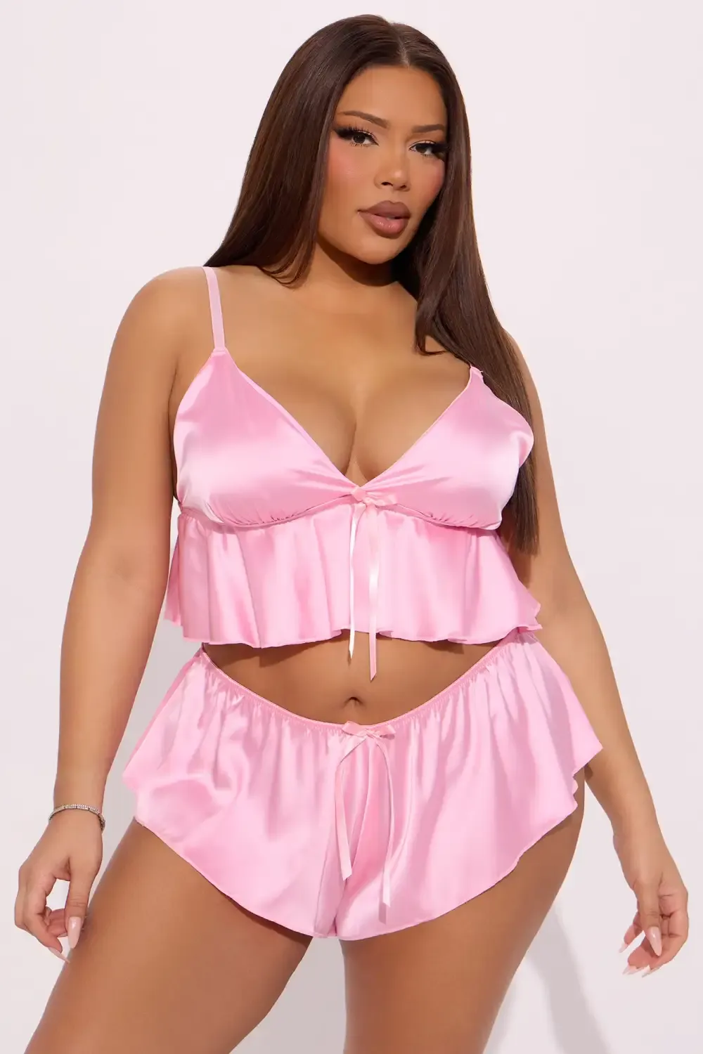 Lovely Romance Satin Cami Short 2 Piece Set - Pink
