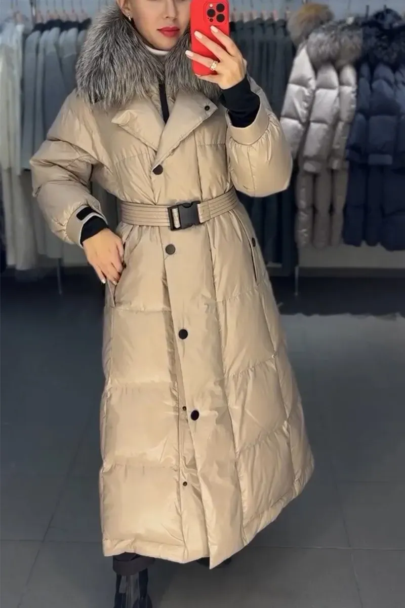 Women's Retro Elegant Hooded Fur Collar Belt Pocket Button Long Cotton Coat