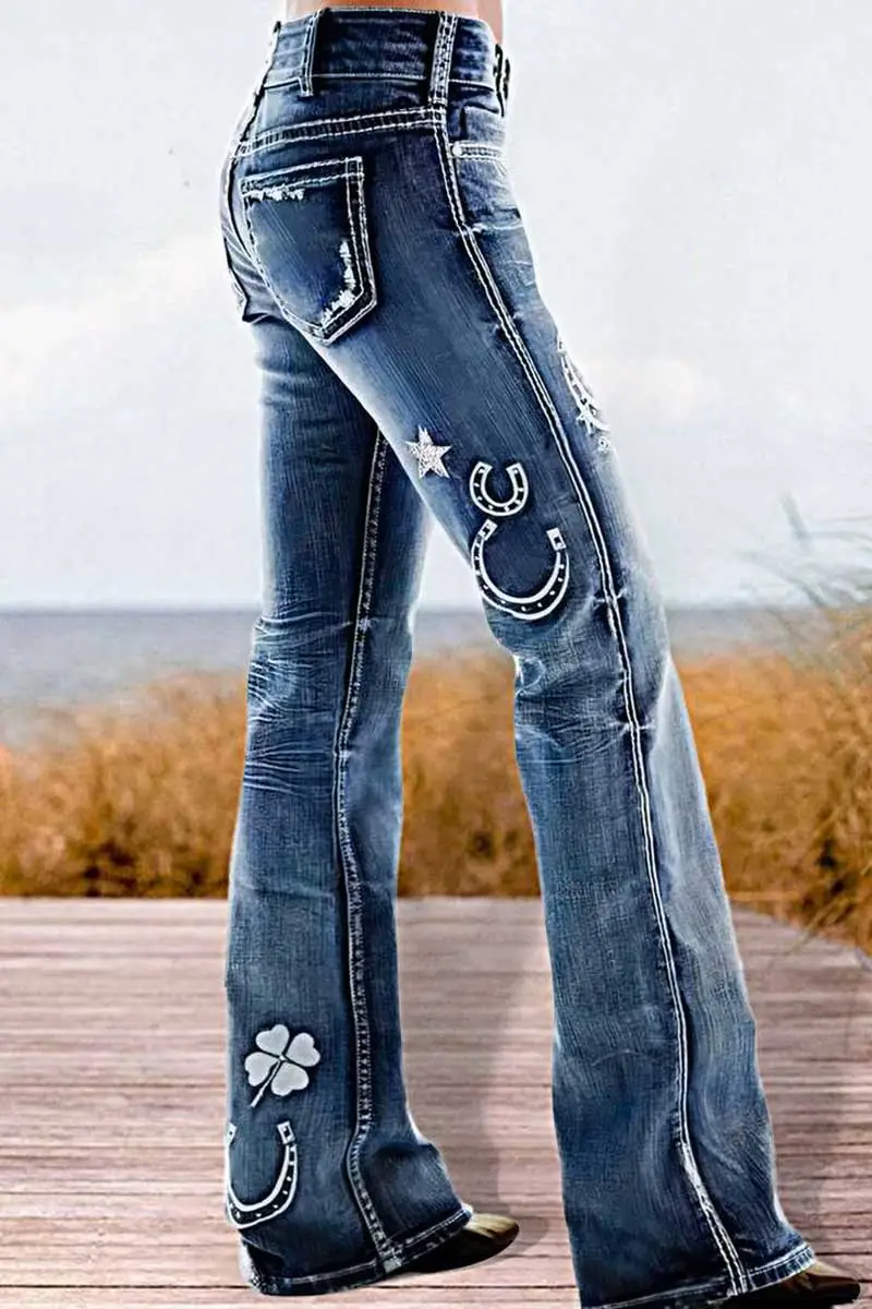 Star & Moon Pattern Double Button Mid Rise Flare Jeans