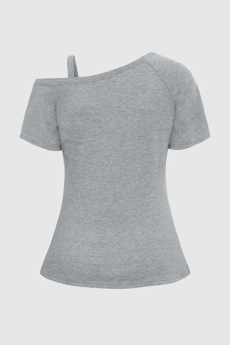 Solid Pleated Button Decor Asymmetrical Neck T-Shirt