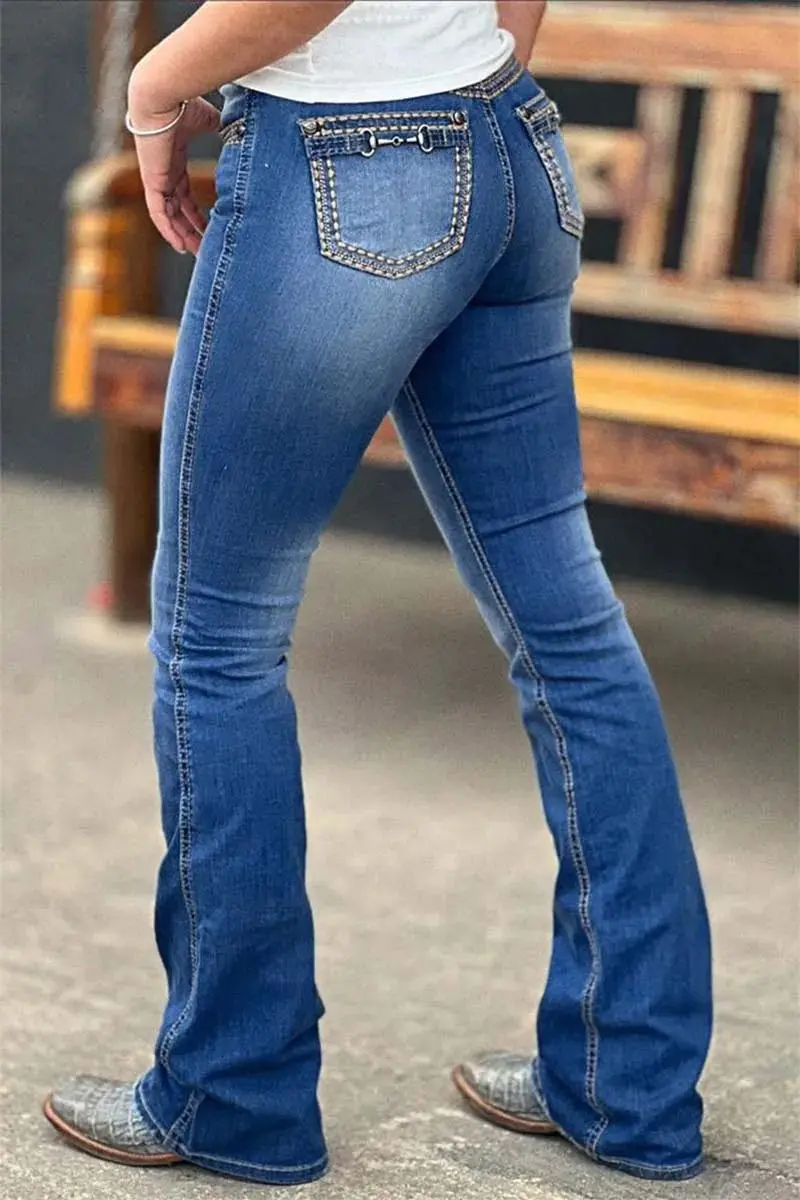 Wash Metal Decor Stitch Detail Mid Rise Bootcut Jeans Without Belt