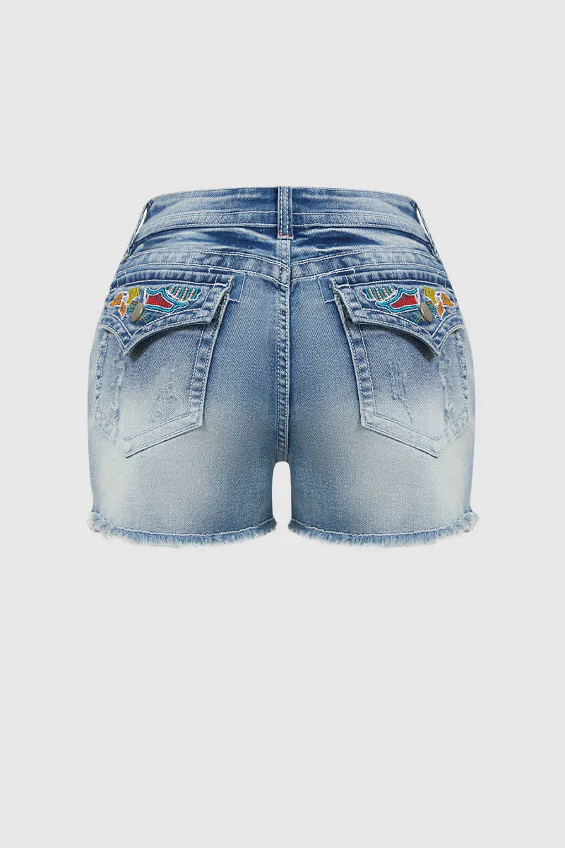 Ripped Embroidery Detail Raw Hem Mid Waist Denim Shorts