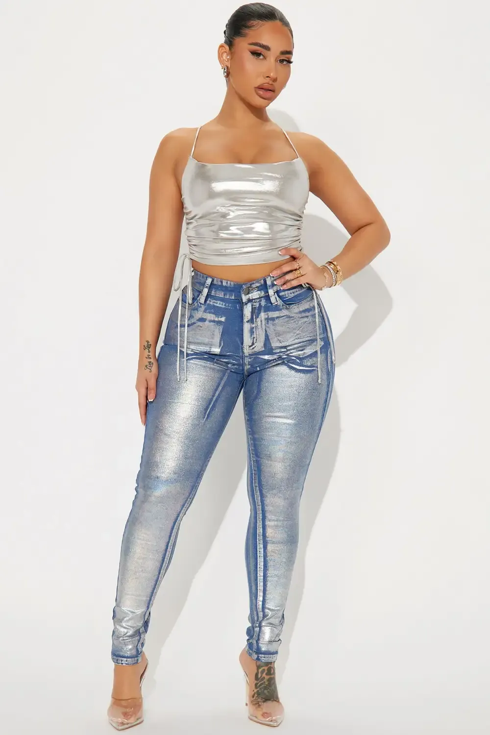 She's Glowing Metallic Foil Stretch Skinny Jeans - Silver
