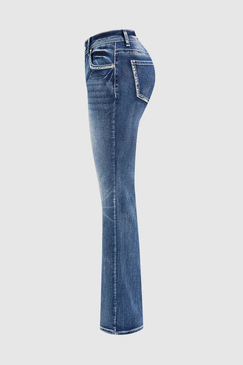 Wash Stitch Detail Mid Rise Straight Leg Jeans