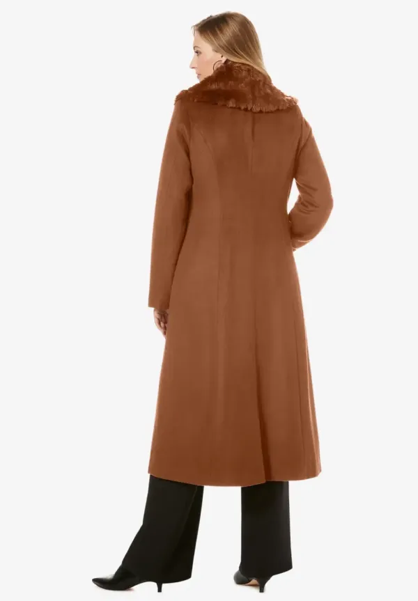 Long Wool-Blend Coat with Faux Fur Collar