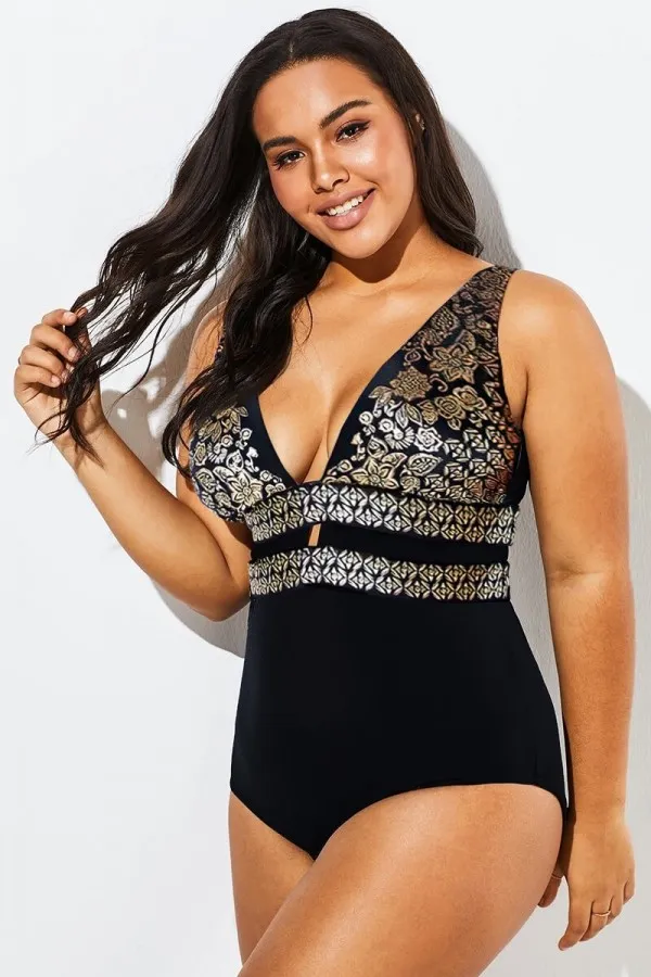 Black Lattice Plunge V-neck One Piece Swimsuit