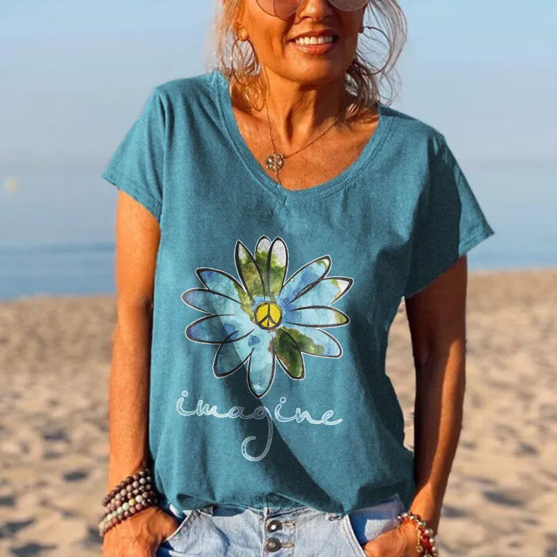 Peace Flower Women Solid Color V-neck Tees
