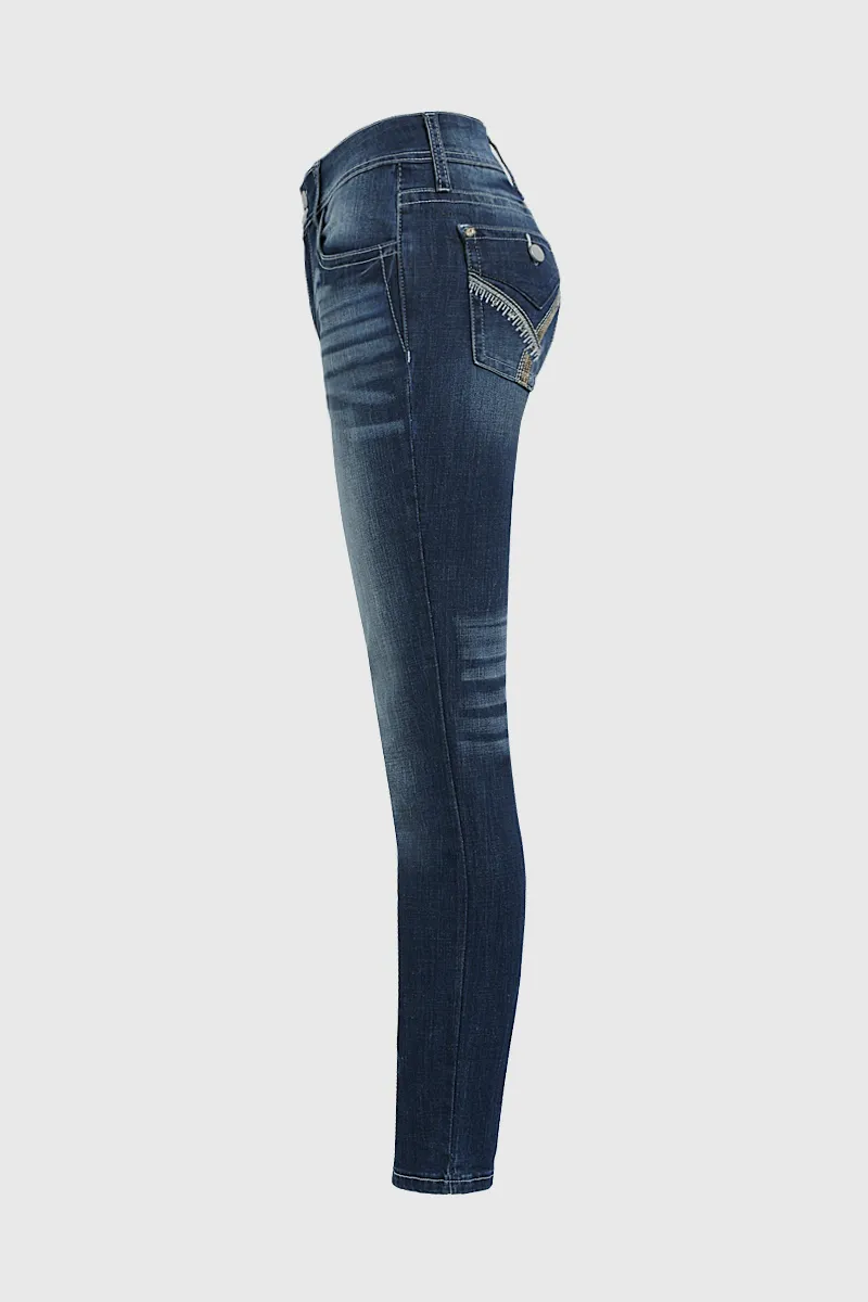 Double Button Wash High Stretch Mid Waist Skinny Jeans