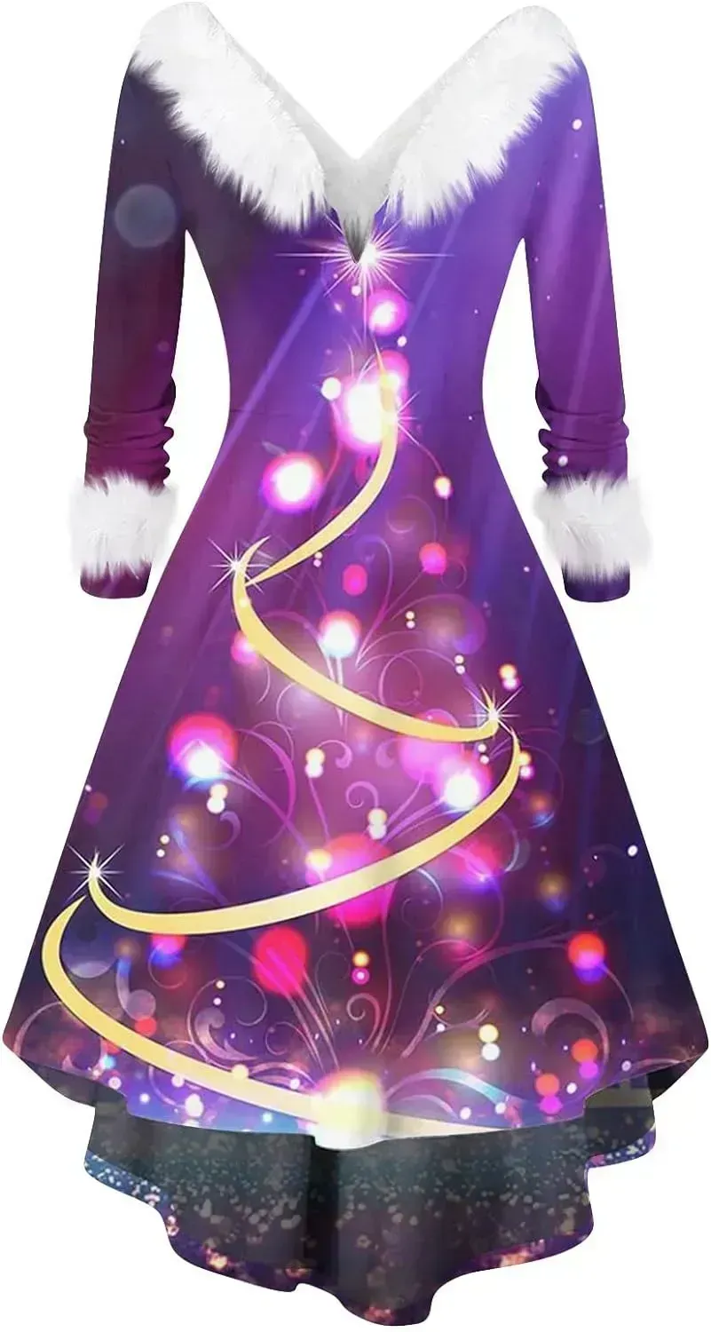 Womens Christmas Dress Fuzzy Mrs Claus Christmas Holiday Xmas Cocktail Holiday Party Flare Dress
