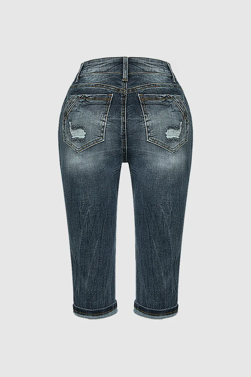 Ripped Wash Roll Hem High Waist Capri Jeans
