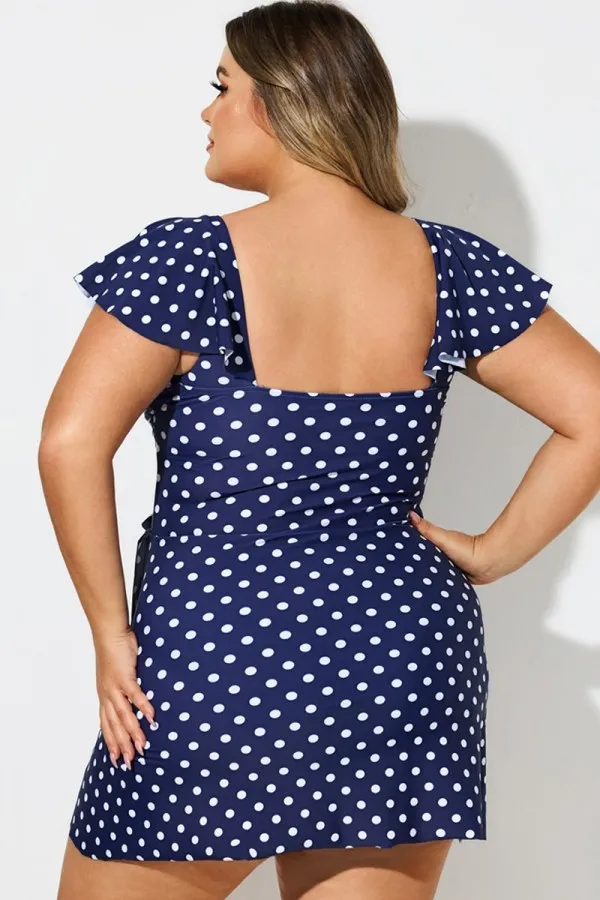 Navy Dot Beach Surplice Flounce Sleeve Swimdress
