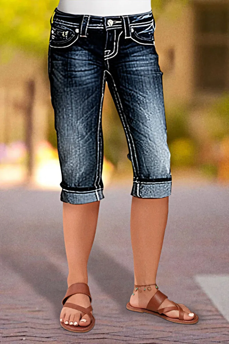 Pocket Detail Roll Hem Mid Waist Capri Jeans