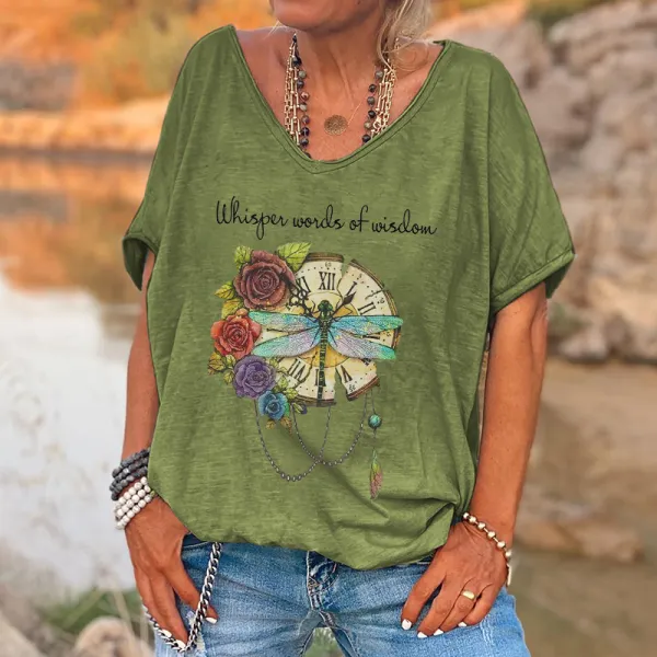 Whisper Words Of Wisdom Print Dragonfly And Flowers Graphic Tees