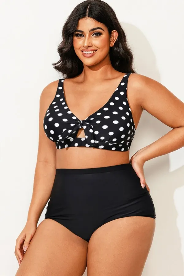 Polka Dot V neck Front Knot Bikini Top