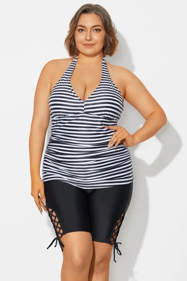 Tie-Dye Printed Self-Tie Halter Shirred Tankini Top