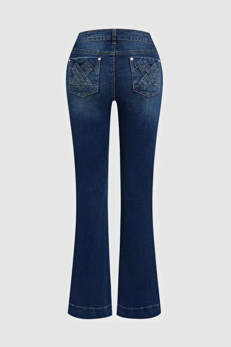 Wash Braided Decor Mid Rise Flare Jeans Without Belt
