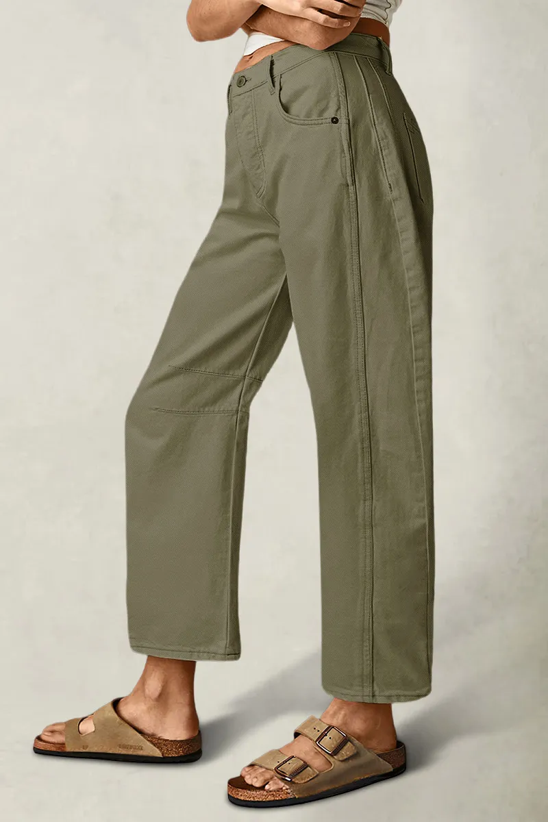 Solid Stitch Detail Mid Waist Crop Straight Leg Jeans Without Belt