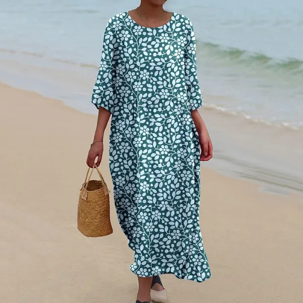 Women's Floral Print Round Neck Linen Blend Loose Midi Dress